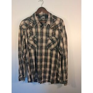 Gothic Western Panhandle Slim Pearl Snap Shirt Mens XL Gray Plaid Embroidered